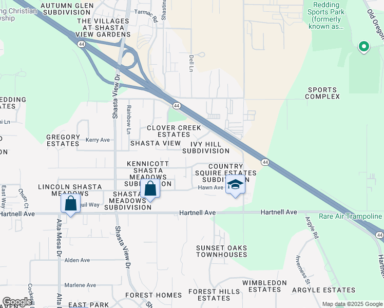 map of restaurants, bars, coffee shops, grocery stores, and more near 2843 Camulos Way in Redding