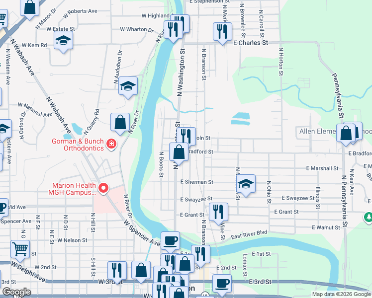 map of restaurants, bars, coffee shops, grocery stores, and more near 503 North Adams Street in Marion