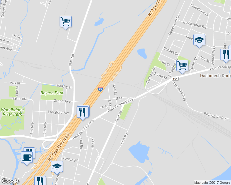 map of restaurants, bars, coffee shops, grocery stores, and more near 35 Lee Street in Woodbridge Township