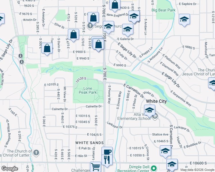 map of restaurants, bars, coffee shops, grocery stores, and more near 10118 South Peony Way in Sandy