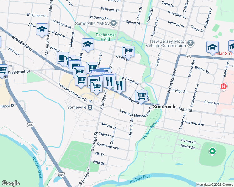 map of restaurants, bars, coffee shops, grocery stores, and more near 46 East Main Street in Somerville