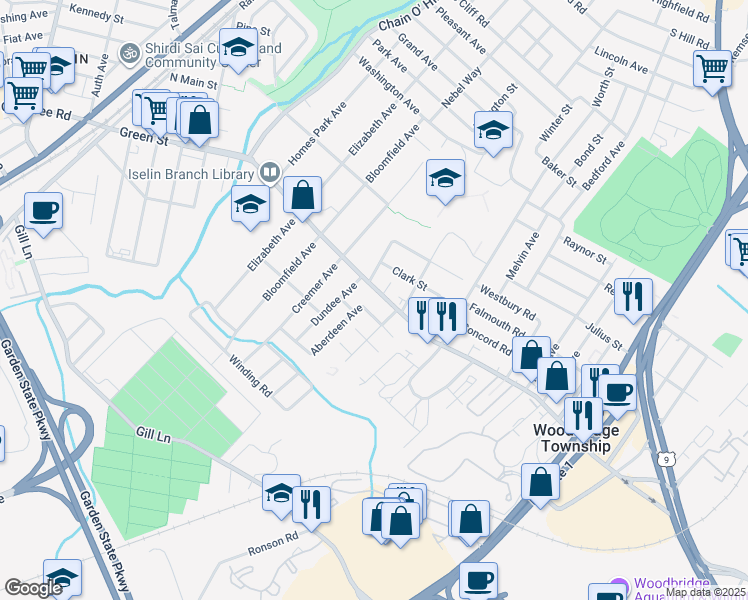 map of restaurants, bars, coffee shops, grocery stores, and more near 899 Green Street in Woodbridge Township