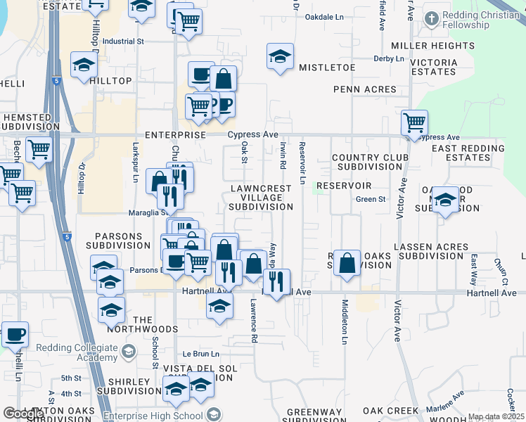 map of restaurants, bars, coffee shops, grocery stores, and more near 2739 Alfreda Way in Redding