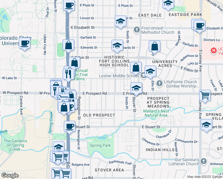 map of restaurants, bars, coffee shops, grocery stores, and more near 1529 Whedbee Street in Fort Collins