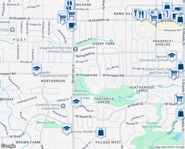 map of restaurants, bars, coffee shops, grocery stores, and more near 1914 West Prospect Road in Fort Collins