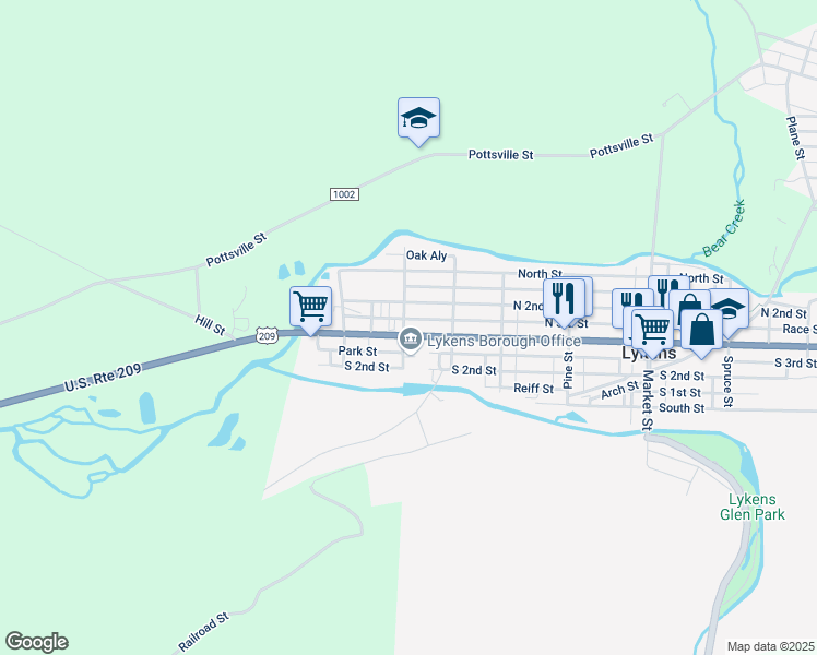 map of restaurants, bars, coffee shops, grocery stores, and more near 203 Main Street in Lykens