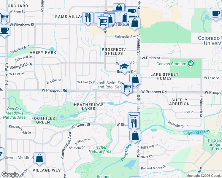 map of restaurants, bars, coffee shops, grocery stores, and more near 1308 West Prospect Road in Fort Collins