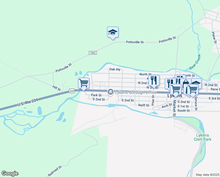 map of restaurants, bars, coffee shops, grocery stores, and more near 203 Main Street in Lykens