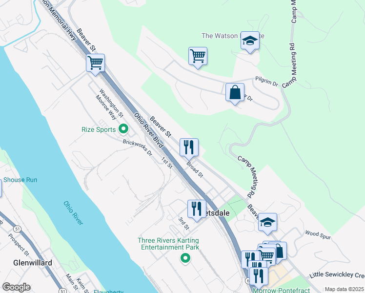 map of restaurants, bars, coffee shops, grocery stores, and more near 316 Beaver Street in Leetsdale