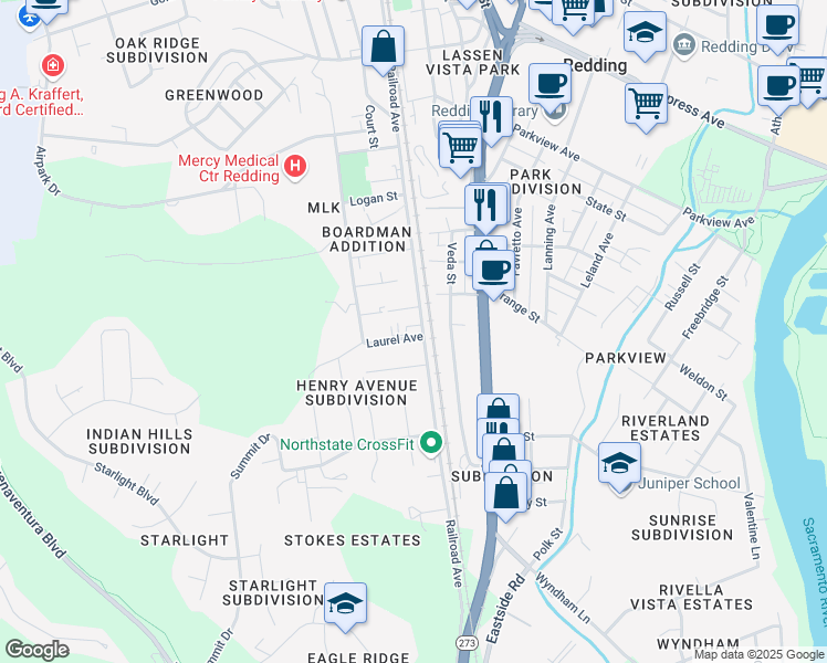 map of restaurants, bars, coffee shops, grocery stores, and more near 3120 Railroad Avenue in Redding