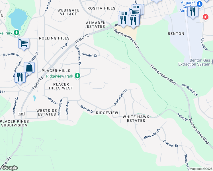 map of restaurants, bars, coffee shops, grocery stores, and more near 3811 Andes Drive in Redding