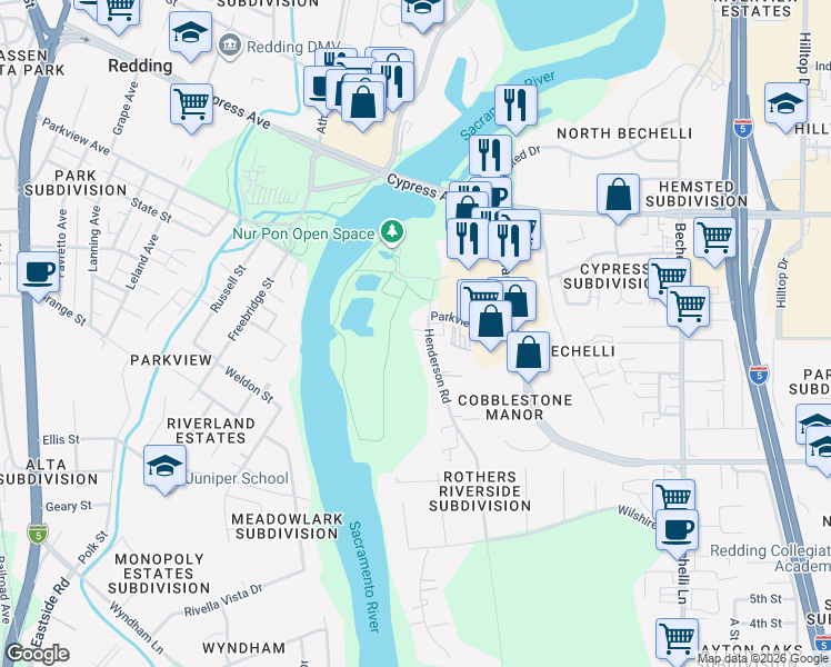 map of restaurants, bars, coffee shops, grocery stores, and more near 2610 Henderson Road in Redding