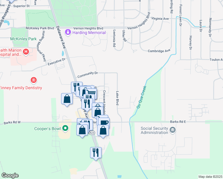 map of restaurants, bars, coffee shops, grocery stores, and more near 1215 Lake Boulevard in Marion