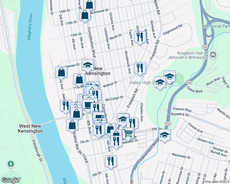 map of restaurants, bars, coffee shops, grocery stores, and more near 1021 Leishman Avenue in New Kensington