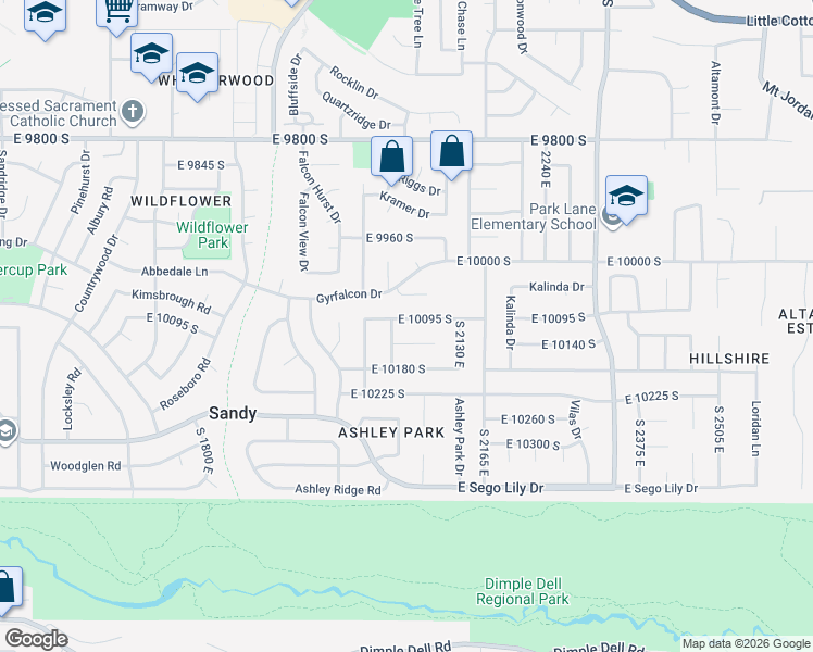 map of restaurants, bars, coffee shops, grocery stores, and more near 10111 South 2050 East in Sandy