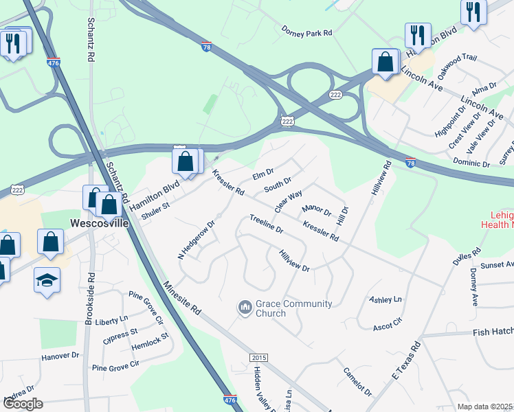 map of restaurants, bars, coffee shops, grocery stores, and more near 934 Kressler Road in Allentown