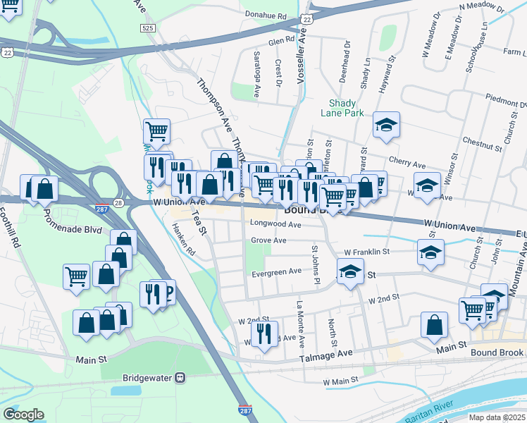 map of restaurants, bars, coffee shops, grocery stores, and more near 470 West Union Avenue in Bound Brook