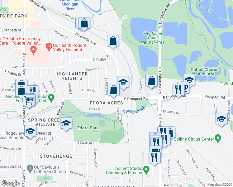 map of restaurants, bars, coffee shops, grocery stores, and more near 8 Riverside Avenue in Fort Collins