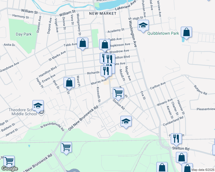 map of restaurants, bars, coffee shops, grocery stores, and more near 234 Stelton Road in Piscataway