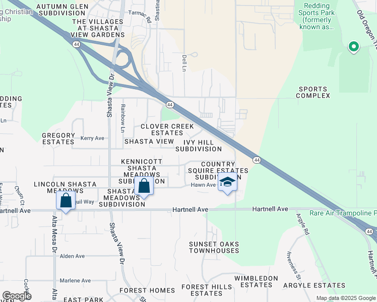 map of restaurants, bars, coffee shops, grocery stores, and more near 2843 Camulos Way in Redding