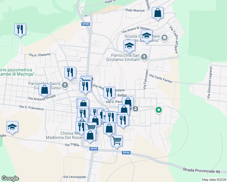 map of restaurants, bars, coffee shops, grocery stores, and more near 27 Via Umberto Giordano in Statte