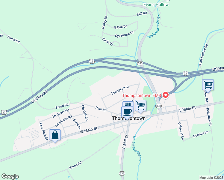 map of restaurants, bars, coffee shops, grocery stores, and more near 85 Evergreen Street in Thompsontown