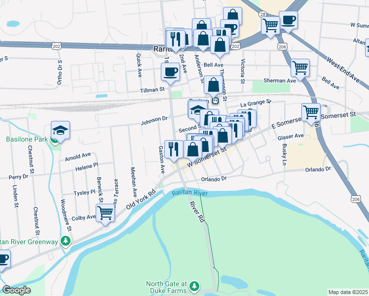 map of restaurants, bars, coffee shops, grocery stores, and more near 30 1st Street in Raritan