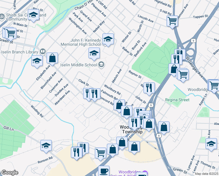 map of restaurants, bars, coffee shops, grocery stores, and more near 23 Westbury Road in Woodbridge Township