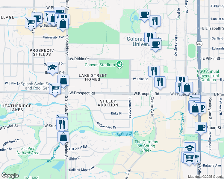 map of restaurants, bars, coffee shops, grocery stores, and more near 730 West Prospect Road in Fort Collins