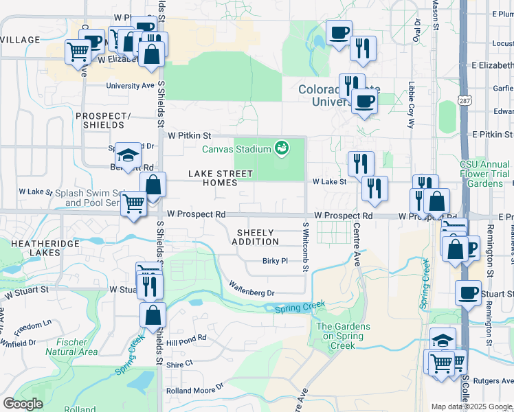 map of restaurants, bars, coffee shops, grocery stores, and more near 730 West Prospect Road in Fort Collins