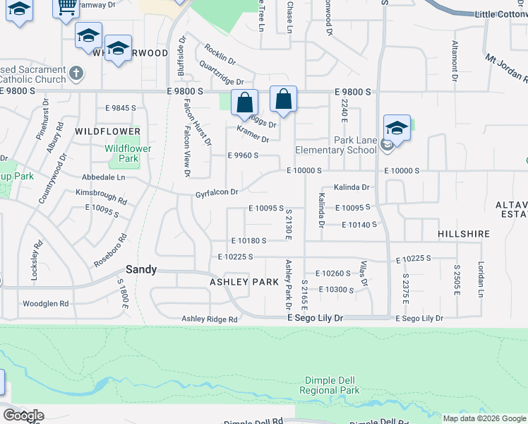 map of restaurants, bars, coffee shops, grocery stores, and more near 2106 East 10095 South in Sandy