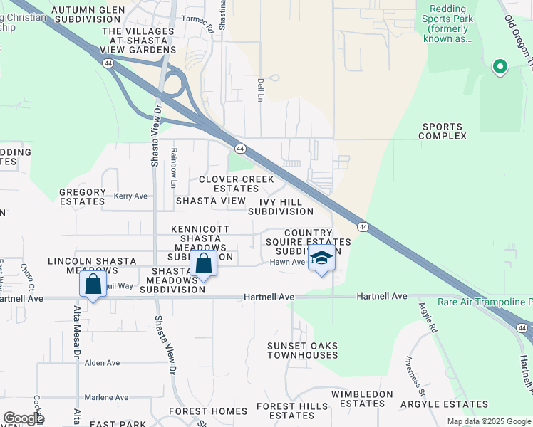 map of restaurants, bars, coffee shops, grocery stores, and more near 2843 Camulos Way in Redding