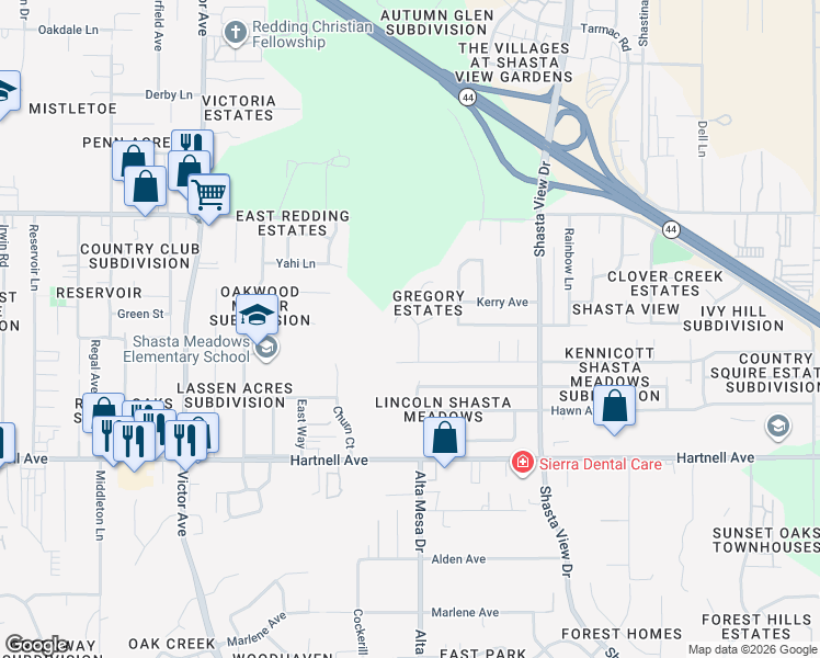map of restaurants, bars, coffee shops, grocery stores, and more near 2165 Jessica Way in Redding