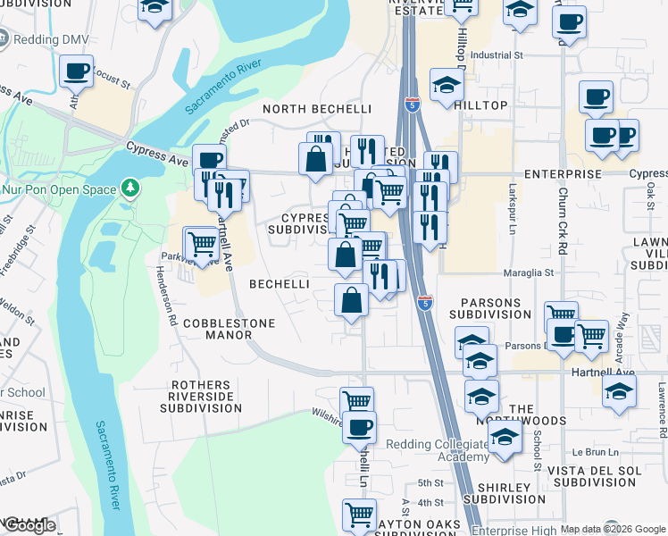map of restaurants, bars, coffee shops, grocery stores, and more near 434 Beagle Lane in Redding