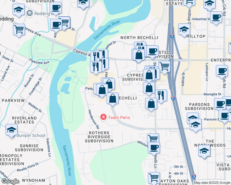 map of restaurants, bars, coffee shops, grocery stores, and more near 201 Hartnell Avenue in Redding