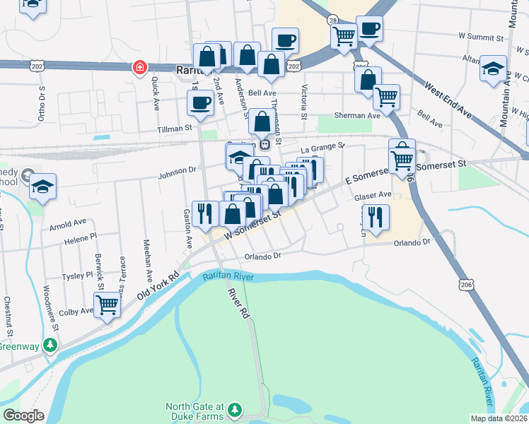 map of restaurants, bars, coffee shops, grocery stores, and more near 28 West Somerset Street in Raritan