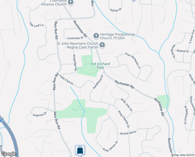 map of restaurants, bars, coffee shops, grocery stores, and more near 1515 Sandhurst Drive in Pittsburgh