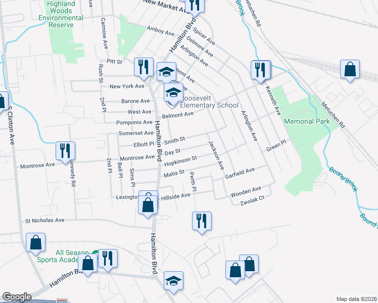 map of restaurants, bars, coffee shops, grocery stores, and more near 140 Day Street in South Plainfield