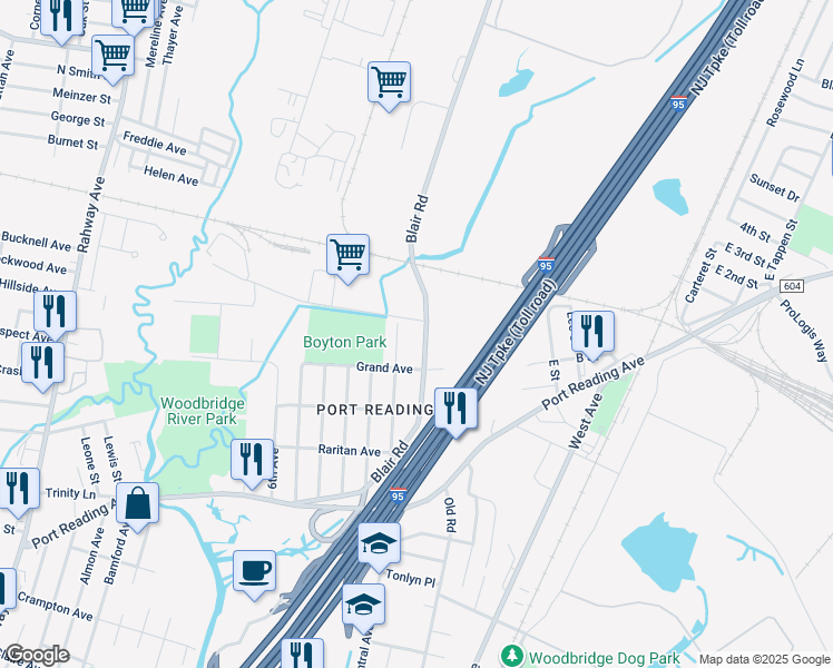 map of restaurants, bars, coffee shops, grocery stores, and more near 133 Blair Road in Woodbridge Township