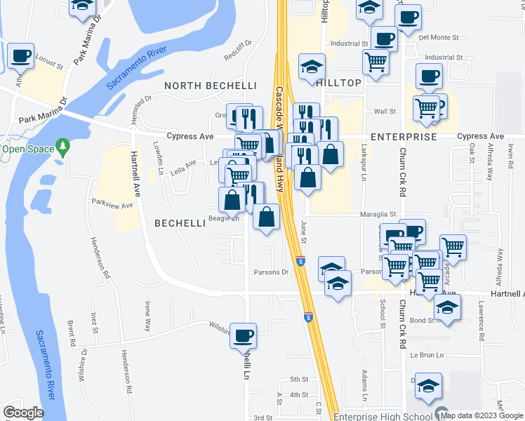 map of restaurants, bars, coffee shops, grocery stores, and more near 2731 Bechelli Lane in Redding
