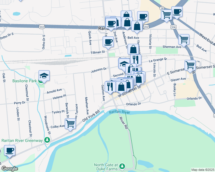 map of restaurants, bars, coffee shops, grocery stores, and more near 1 Burns Street in Raritan