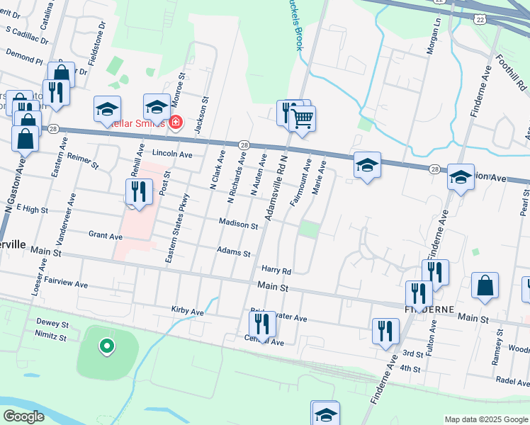 map of restaurants, bars, coffee shops, grocery stores, and more near 87 Adamsville Road North in Somerville