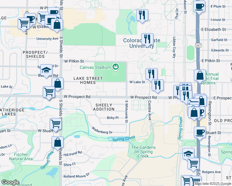 map of restaurants, bars, coffee shops, grocery stores, and more near 634 West Prospect Road in Fort Collins