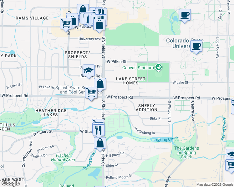 map of restaurants, bars, coffee shops, grocery stores, and more near 1000 West Prospect Road in Fort Collins