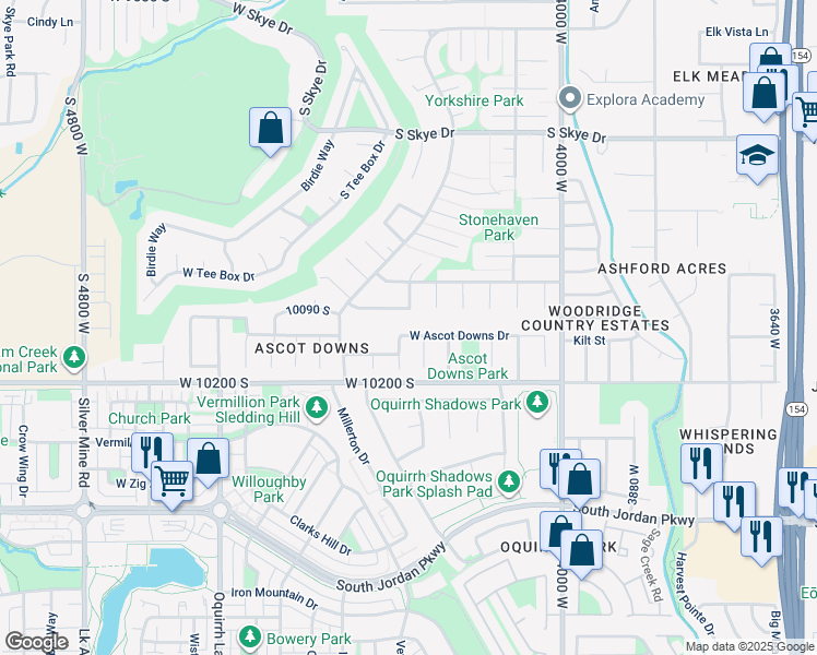 map of restaurants, bars, coffee shops, grocery stores, and more near 4246 West Ascot Downs Drive in South Jordan