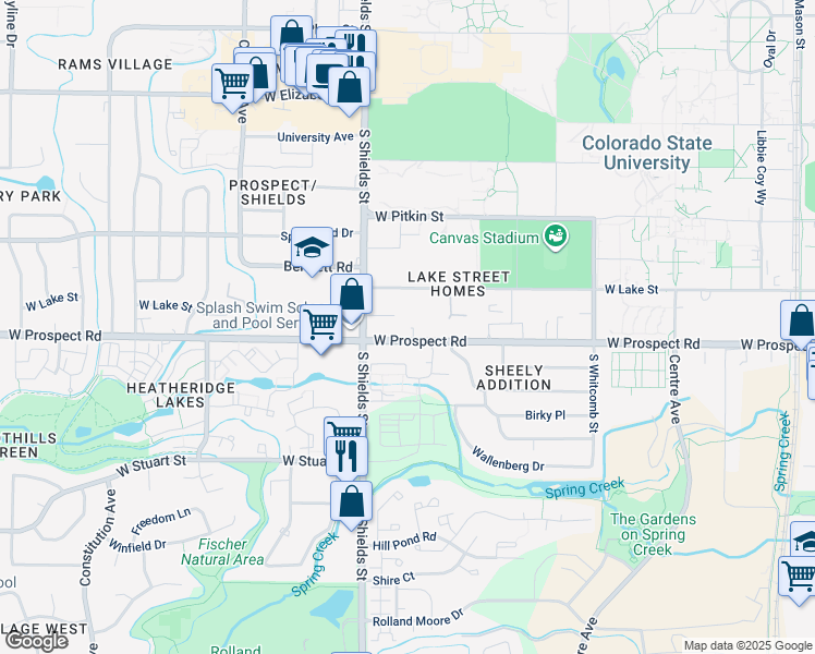 map of restaurants, bars, coffee shops, grocery stores, and more near 1000 West Prospect Road in Fort Collins