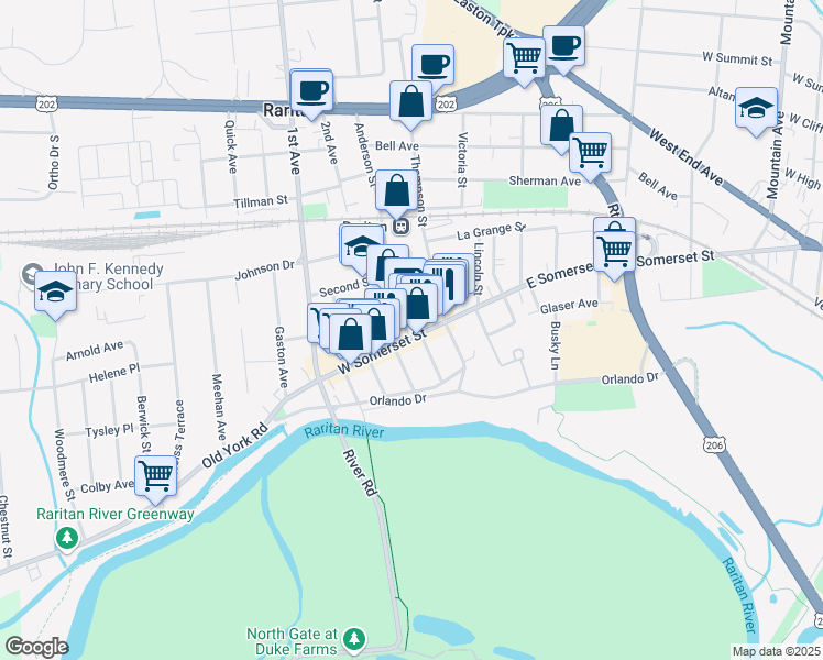 map of restaurants, bars, coffee shops, grocery stores, and more near 28 West Somerset Street in Raritan