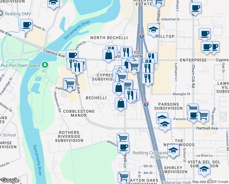 map of restaurants, bars, coffee shops, grocery stores, and more near 434 Beagle Lane in Redding