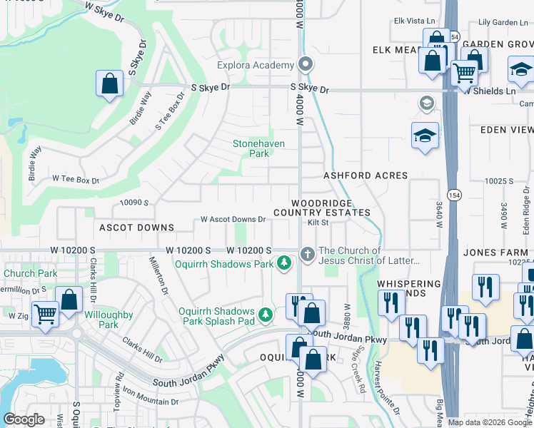 map of restaurants, bars, coffee shops, grocery stores, and more near 4084 Ascot Downs Drive in South Jordan