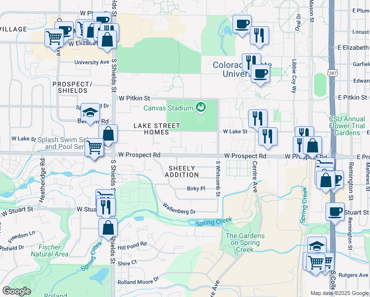 map of restaurants, bars, coffee shops, grocery stores, and more near 730 West Prospect Road in Fort Collins